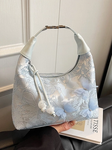 Nouveau Style Chinois Sac à Main en Brocart Brodé avec Papillon 3D pour Femme Élégant Sac Bandoulière Jacquard avec Pendentif Perlé