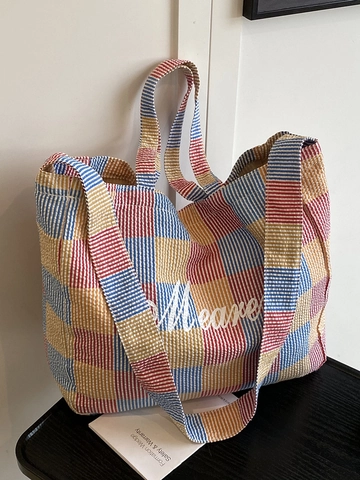 Sac Fourre-tout à Carreaux en Seersucker de Grande Capacité Style Coréen pour Femmes Sac à Épaule Décontracté à Carreaux Avec Broderie de Lettres Sac à Main de Voyage