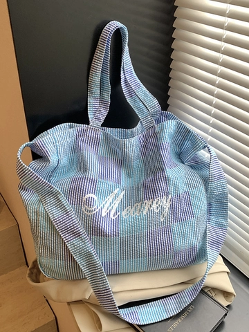 Sac Fourre-tout à Carreaux en Seersucker de Grande Capacité Style Coréen pour Femmes Sac à Épaule Décontracté à Carreaux Avec Broderie de Lettres Sac à Main de Voyage