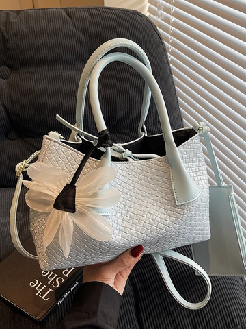 Women Woven PU Leather Bucket Bag Fashion Simple Crossbody Handbag With Flower Charm And Sub-bag Urban Commute Bag