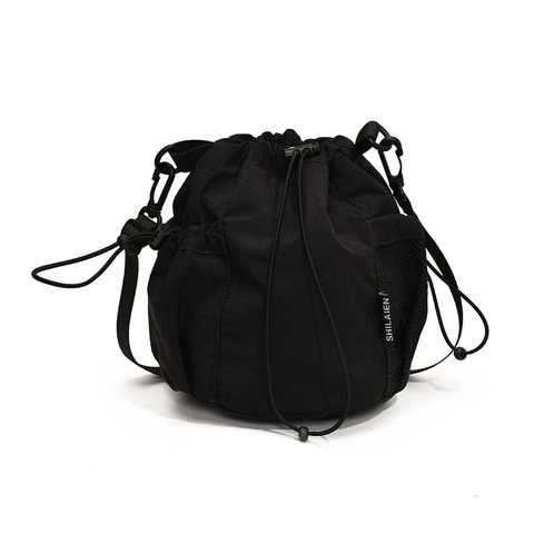 Women Nylon Drawstring Bucket Bag Casual Crossbody Shoulder Purse Lightweight Fashion Solid Color Mesh Side Pocket
