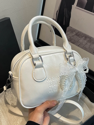 Women Fashion PU Leather Boston Handbag Crossbody Bowling Bag With Artificial Pearl Lace Bow Charm Embossed Letters Daily Bag
