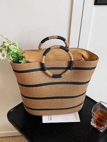 Damen Stroh Gewebte Tragetasche Große Kapazität Gestreifte Handtasche Runder Griff Sommer Strandurlaub Lässige Tasche