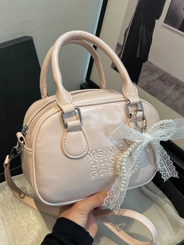 Women Fashion PU Leather Boston Handbag Crossbody Bowling Bag With Artificial Pearl Lace Bow Charm Embossed Letters Daily Bag