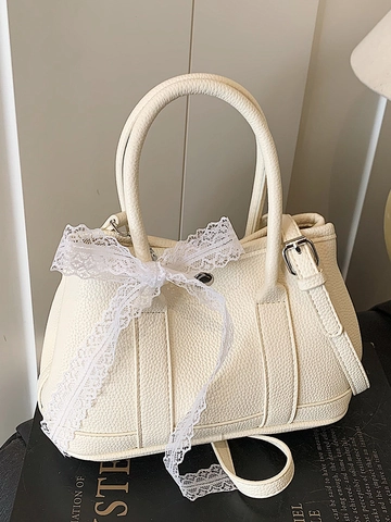 Sac Seau en Cuir PU Grain Litchi Mode Coréenne Femmes Élégant Nœud en Dentelle Sac à Main Décontracté Bandoulière