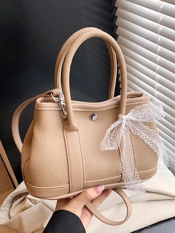 Sac Seau en Cuir PU Grain Litchi Mode Coréenne Femmes Élégant Nœud en Dentelle Sac à Main Décontracté Bandoulière