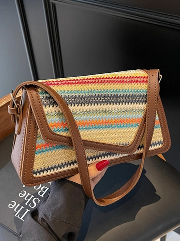 Women's Vacation Rainbow Straw Woven Shoulder Bag Bohemian Striped Small Square Bag With PU Leather Splicing Flap Crossbody Bag
