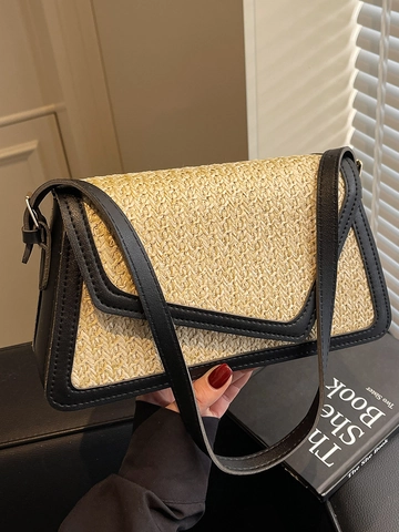 Women's Vacation Rainbow Straw Woven Shoulder Bag Bohemian Striped Small Square Bag With PU Leather Splicing Flap Crossbody Bag