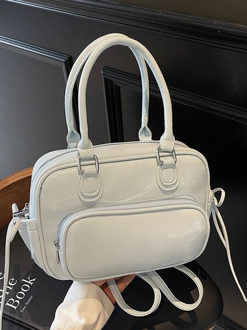 Borsa Boston in Pelle PU Lucida per Donna Borsa Minimalista Zaino Multi Mode con Dettaglio Fiocco Borsa a Tracolla alla Moda