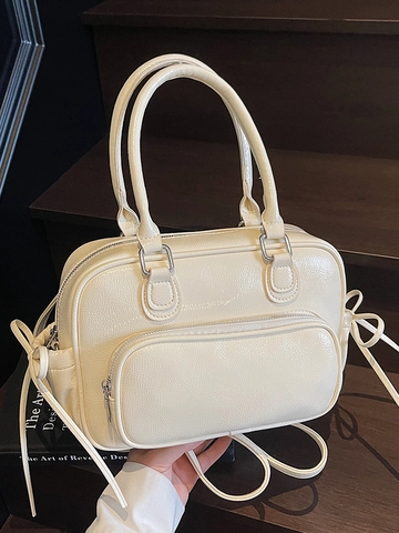 Borsa Boston in Pelle PU Lucida per Donna Borsa Minimalista Zaino Multi Mode con Dettaglio Fiocco Borsa a Tracolla alla Moda