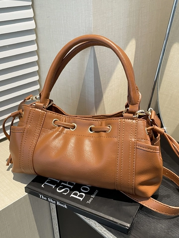 Women Trendy PU Leather Crossbody Handbag With Drawstring Detail Retro Solid Color Commuter Shoulder Bag Gold Hardware