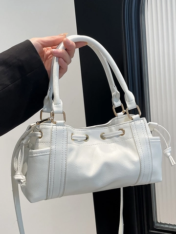 Women Trendy PU Leather Crossbody Handbag With Drawstring Detail Retro Solid Color Commuter Shoulder Bag Gold Hardware