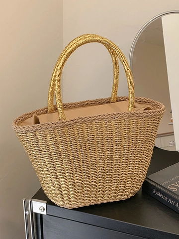 Damen Casual Strohgewebt Handtasche 2025 Sommer Strand Urlaub Eimer Korbtasche Metallic Gold Silber Geflochtene Tote Für Alltag Reise