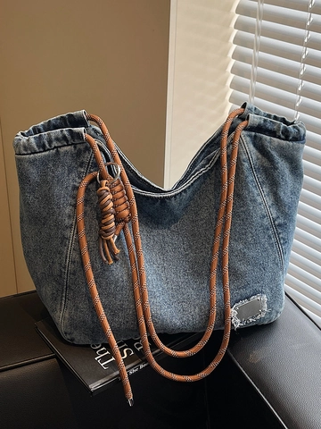 Gewassen Denim Tote Tas Met Gevlochten Touw Riem Grote Capaciteit Schoudertas Voor Vrouwen Studenten Casual Woon-Werkverkeer