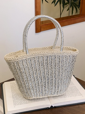 Damen Casual Strohgewebt Handtasche 2025 Sommer Strand Urlaub Eimer Korbtasche Metallic Gold Silber Geflochtene Tote Für Alltag Reise