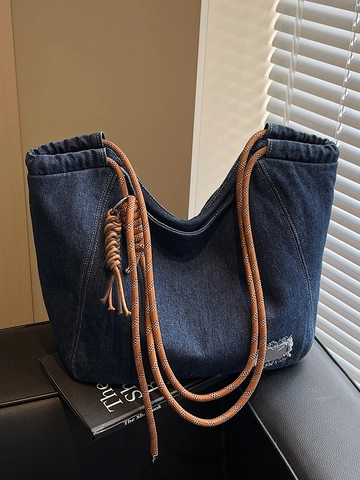 Gewassen Denim Tote Tas Met Gevlochten Touw Riem Grote Capaciteit Schoudertas Voor Vrouwen Studenten Casual Woon-Werkverkeer