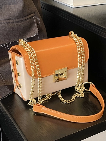 Fashion PU Leather Small Square Shoulder Bag Contrast Color Gold Chain Crossbody Bag With Metal Lock Rivet Decor Women Bag