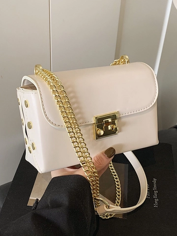 Fashion PU Leather Small Square Shoulder Bag Contrast Color Gold Chain Crossbody Bag With Metal Lock Rivet Decor Women Bag