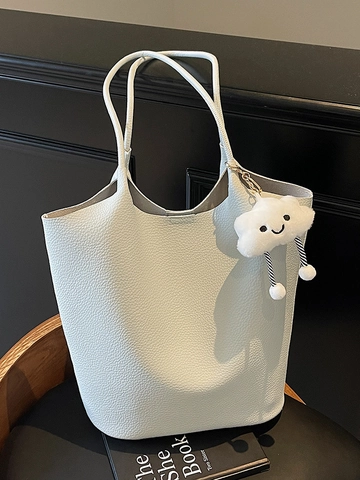 Damen Litschimuster PU Leder Beuteltasche Große Kapazität Pendler Schulter Shopper Mit Wolken-Anhänger Und Innentasche