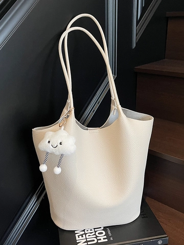 Damen Litschimuster PU Leder Beuteltasche Große Kapazität Pendler Schulter Shopper Mit Wolken-Anhänger Und Innentasche