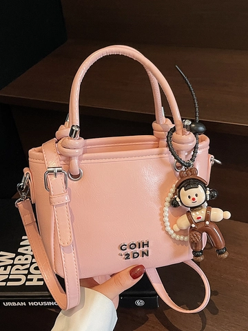 Vintage Oil Wax PU Leather Bucket Bag For Women Small Crossbody Bag With Cartoon Doll Pendant Pearl Chain Commuter Handbag