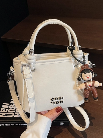Vintage Oil Wax PU Leather Bucket Bag For Women Small Crossbody Bag With Cartoon Doll Pendant Pearl Chain Commuter Handbag