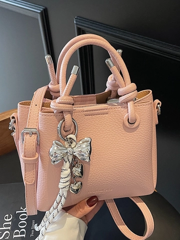 Dames Lychee Patroon PU Leer Bucket Bag Minimalistisch Koreaanse Stijl Handtas Met Strik Hanger Crossbody Schoudertas