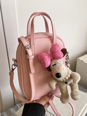 Damen Lychee Muster PU Leder Mini Umhängetasche Süß Welpe Anhänger Handtasche Kleine Handytasche Mit Abnehmbarem Schultergurt