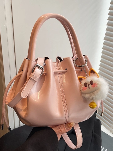 Women Pleated PU Leather Bucket Bag Drawstring Shoulder Bag With Cute Cat Pendant Fashion Versatile Crossbody Handbag