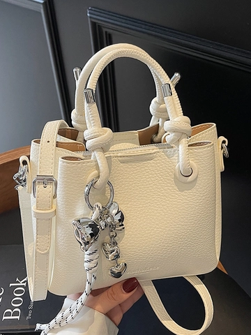 Dames Lychee Patroon PU Leer Bucket Bag Minimalistisch Koreaanse Stijl Handtas Met Strik Hanger Crossbody Schoudertas