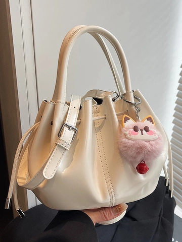 Women Pleated PU Leather Bucket Bag Drawstring Shoulder Bag With Cute Cat Pendant Fashion Versatile Crossbody Handbag