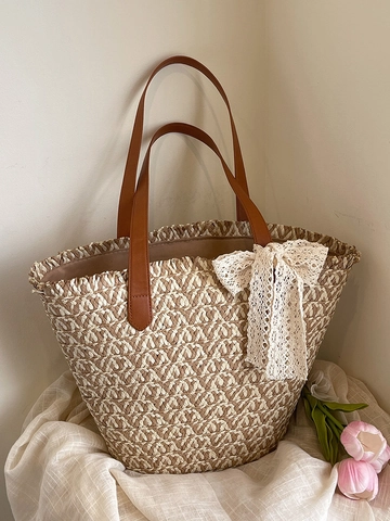 Bolsa de Compras de Paja Tejida Estilo Francés para Mujer Gran Capacidad Bolsa de Hombro de Playa Con Lazo de Encaje