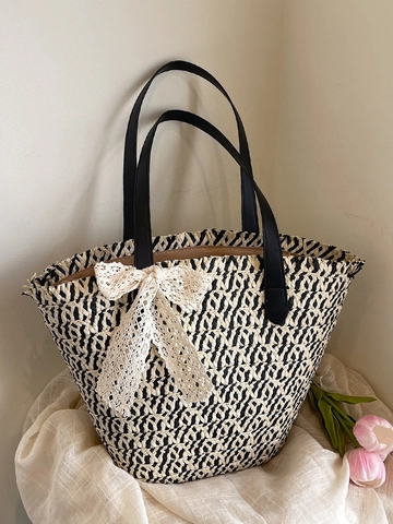Bolsa de Compras de Paja Tejida Estilo Francés para Mujer Gran Capacidad Bolsa de Hombro de Playa Con Lazo de Encaje
