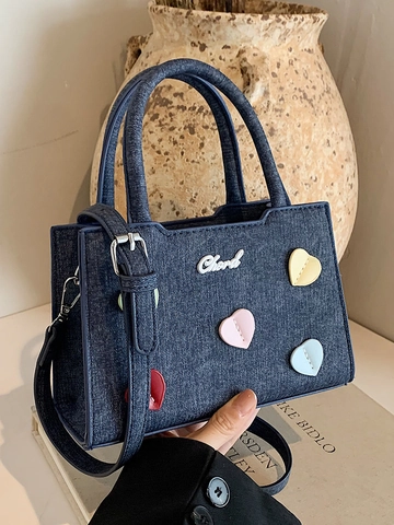 Korean Style Heart Applique PU Leather Small Square Crossbody Bag For Women Trendy Contrast Color Commuter Handbag Daily Shoulder Tote Bag