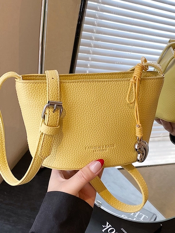Borsa a Secchiello da Donna alla Moda in Pelle PU con Motivo Litchi Semplice Borsa a Tracolla Versatile con Ciondolo a Cuore Uso Quotidiano