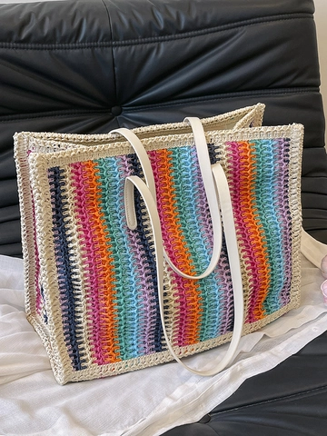Women's Colorful Rainbow Stripes Woven Tote Bag Large Capacity Summer Beach Vacation Fashion Shoulder Bag With Leather Handles