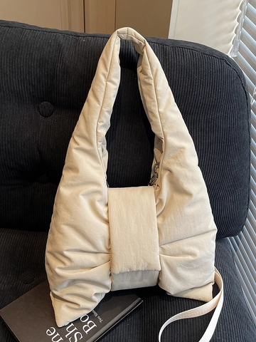 Trendy Bow Knot Puffer Shoulder Bag For Women Nylon Padded Underarm Bag Solid Color Casual Fashion Puffer Handbag Tote