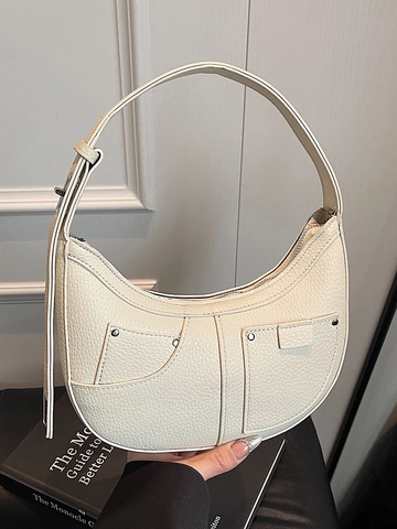 Sac à Épaule Demi-lune en Cuir PU Femme Rivet Motif Litchi Sac sous le Bras Hobo Décontracté Trajet Mode Sac à Main