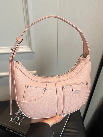 Sac à Épaule Demi-lune en Cuir PU Femme Rivet Motif Litchi Sac sous le Bras Hobo Décontracté Trajet Mode Sac à Main