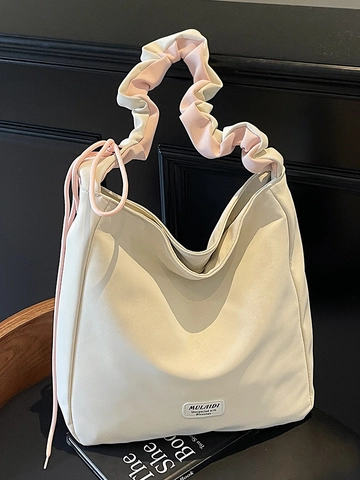 Women Fashion PU Leather Tote Bag Large Capacity Pleated Shoulder Strap Casual Korean Style Dopamine Color Commuter Handbag