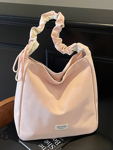 Women Fashion PU Leather Tote Bag Large Capacity Pleated Shoulder Strap Casual Korean Style Dopamine Color Commuter Handbag