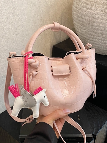 Mode Femmes PU Motif Pierre Plissé Sac Seau Avec Pendentif Pégase Style Coréen Sac à Main de Bureau Sac Bandoulière
