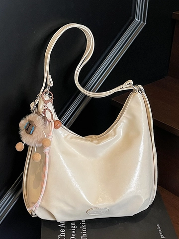 Bolso Hobo de Cuero PU para Mujer de Gran Capacidad Color Sólido Bolso Tote Suave Con Colgante de Felpa Moda Bolso de Hombro