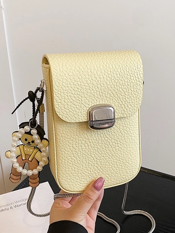 Women Litchi Pattern PU Leather Small Crossbody Phone Bag Minimalist Korean Style Square Flap Bag With Metal Chain Strap