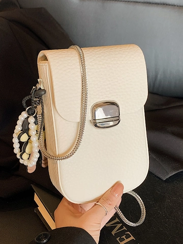 Women Litchi Pattern PU Leather Small Crossbody Phone Bag Minimalist Korean Style Square Flap Bag With Metal Chain Strap