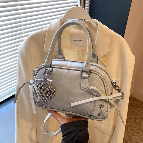 Women Boston Bag PU Leather Bow Knot Shoulder Bag Sweet Bowling Handbag With Heart Pendant Versatile Daily Crossbody Bag