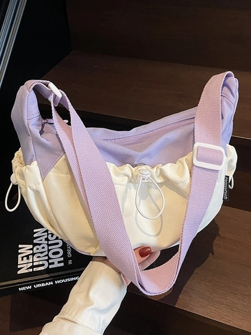 Bolso Bandolera de Bloques de Color para Mujer Bolso de Hombro de Lona Plisada con Cordón Ligero Bolso Dumpling Hobo Casual Deportivo Viaje Diario Moda