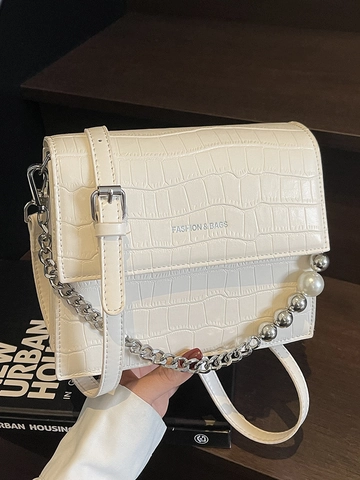 Elegante Krokodillenpatroon PU Leer Kleine Vierkante Tas Voor Dames Met Kunstparel Ketting Schoudertas Crossbody