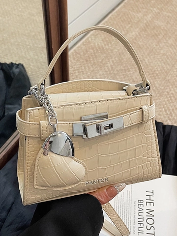Sac à Main Femme Élégant en Cuir PU à Motif Crocodile Sac Bandoulière Trapèze de Luxe Avec Charme de Coeur pour le Travail