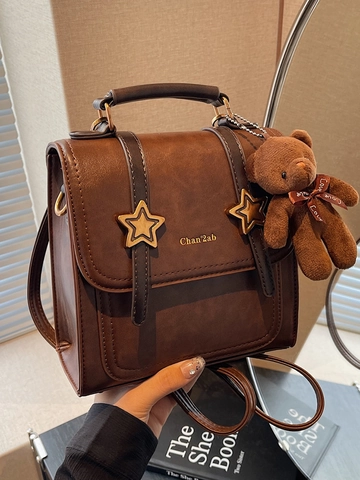 Vintage British Preppy Style PU Leather Small Square Bag Multi Functional Backpack Handbag Crossbody Bag With Bear Charm For Women